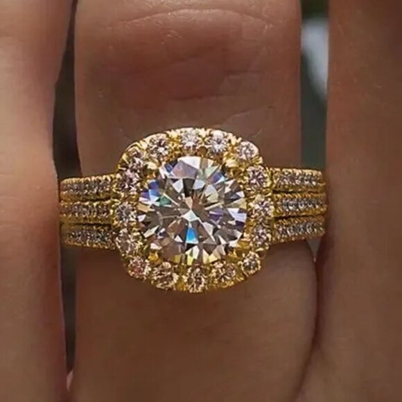 3/$35 Copper Band Ring Shiny Big Gold Tone Square Cubic Zirconia Diamond - Picture 4 of 4